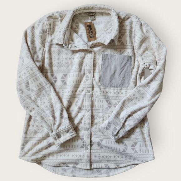 Duluth Trading Co Tops - Duluth Full Snap Shacket Womens Sz L Cream Gray Fleece DoubleBack Aztec Boho NWT